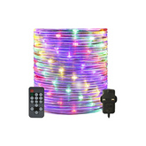 Multicolored LED rope light with remote control and plug on a white background